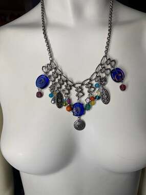 Chico's Silver-Tone Multi-Strand Bib Necklace Blue Swirl Glass Beads&Charms